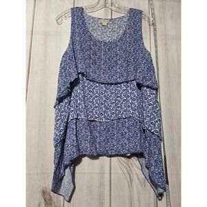 Live and Let Live Tank Top Womens Large Blue White Boho Floral Sleeveless Blouse